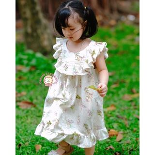 Váy cộc tay bèo ngực cho bé gái chất liệu thô mềm mịn, thoáng mát phù hợp bé từ 1 đến 10 tuổi