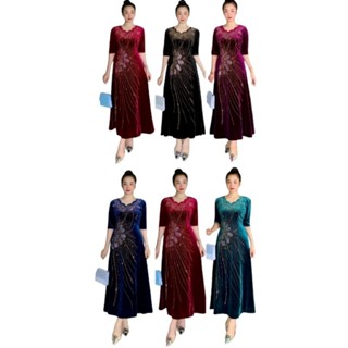 Đầm nhung dạ hội trung niên đi tiệc kết đá size lớn 80kg, Đầm dạ hội nhung trung niên đi tiệc kết đá bigsize 80kg