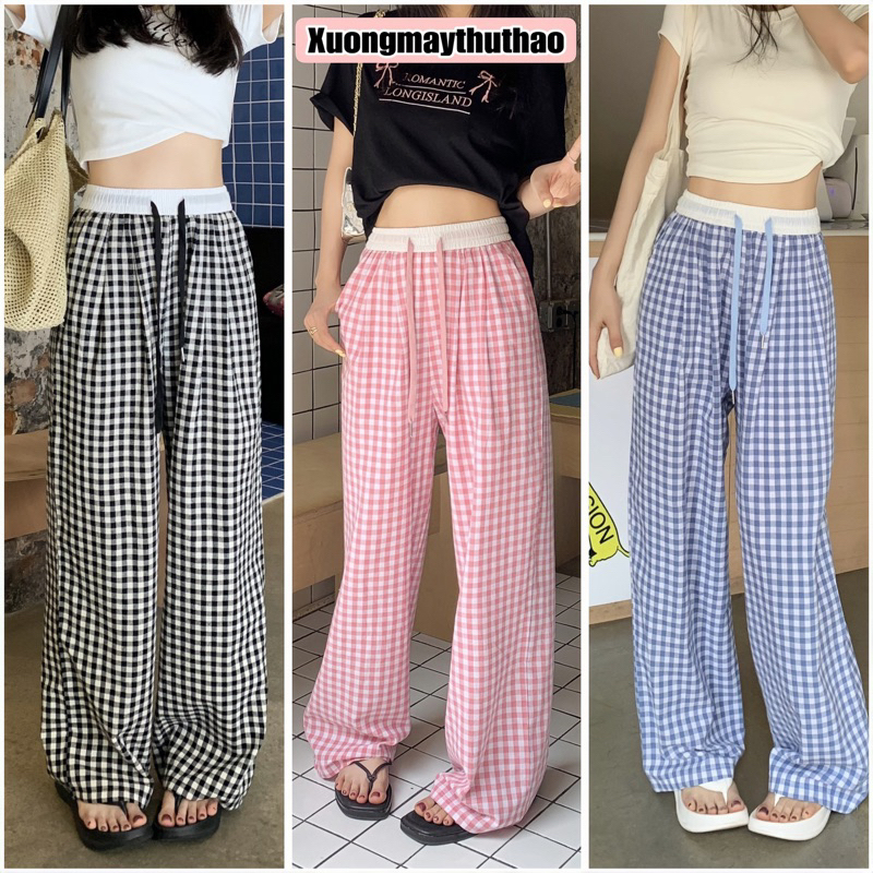 Quần Suông Kẻ Nữ Cạp Cao Dài 100 cm