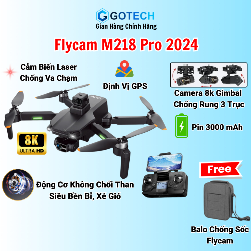 Flycam M218 GPS Giá Rẻ, Máy Bay Điều Khiển Từ Xa Camera 8k Sắc Nét Chống Rung 3 Trục, Cảm Biến Laser Chống Va Chạm