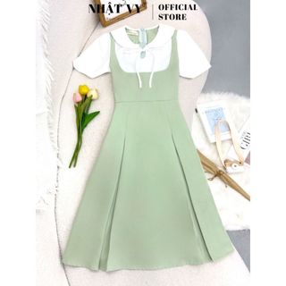 Đầm công sở Nhật Vy cổ tròn phối bèo tay ngắn form dáng xoè chất lụa phù hợp đi làm dự tiệc dạo phố đơn giản - D3032