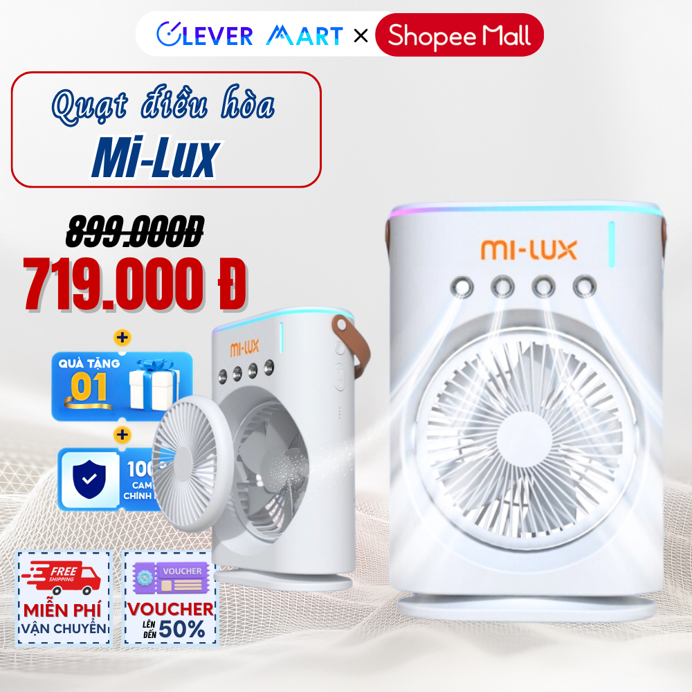 Quạt Điều Hòa Phun Sương Tích Điện MI-LUX A3 Hot 2024, Quạt Hơi Nước Tích Hợp Đèn LED Với 4 Đầu Phun Sương
