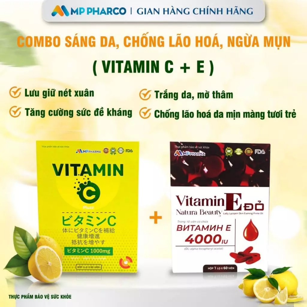 Combo 1 hộp Thực phẩm bảo vệ SK Vitamin E đỏ 4000iu và 1H Vitamin C Plus  - hỗ trợ làm đẹp da
