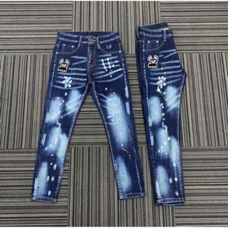 Quần Dsq2 Xanh Thêu Hình IC Chó, Quần Xanh Sước Mài Đính 4 Cúc