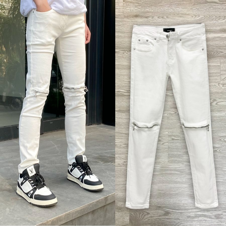 Quần bò Amiri trắng trơn khóa gối chất denim co dãn nhẹ hàng quảng châu,quần jeans nam Amiri trắng ống côn rách gối 8208