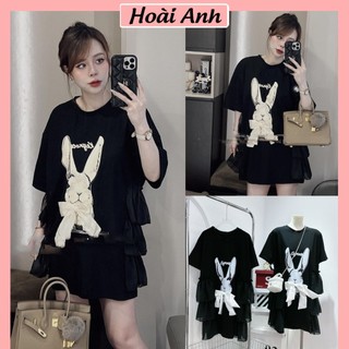 Váy Suông Thỏ Gắn Nơ Trắng Nổi Gắn Bèo Tơ Tầng Đầm Kiểu Nữ In Họa Tiết Freesize