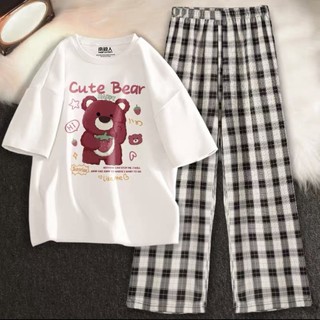 Sét Áo phông Gấu Cute bear+ quần kẻ Karo nhiều màu, Áo thun from rộng, Chất đẹp không xù, quần suông ống rộng THANHTRANG