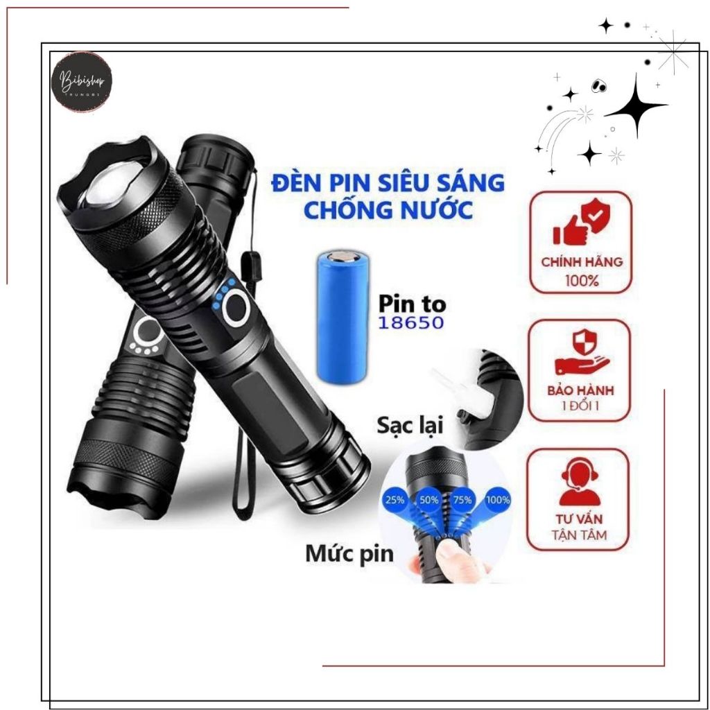 Đèn Pin XHP50 Siêu Sáng Cầm Tay Pin Trâu - Đèn siêu sáng mini, vỏ kim loại chống nước bền bỉ