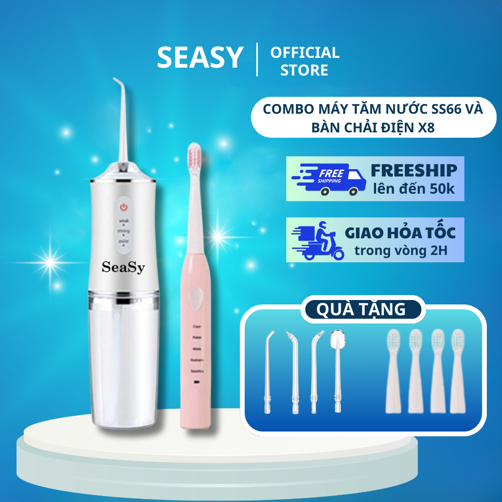 Combo Máy tăm nước du lịch SeaSy SS66 + Bàn chải đánh răng điện SeaSy X8 Pro vệ sinh răng miệng