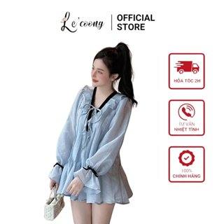 Set Áo Kèm Váy Dáng Ngắn Baby Doll LECOONG B113 Đầm Tiểu Thư Hai Màu Xanh Trắng Phối Cổ Tim Nơ