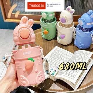 Bình nước cho bé đi học thỏ con và cà rốt cute - bình nước thỏ 680ml bọc silicon chống bỏng