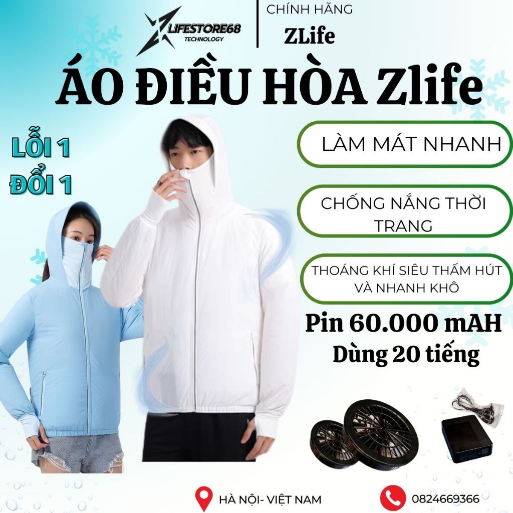 Áo điều hòa nhật bản ZLIFE,Áo quạt làm mát pin60.000mAh dùng 20giờ động cơ siêu bền,dễ làm sạch và phơi khô,Zlifestore68