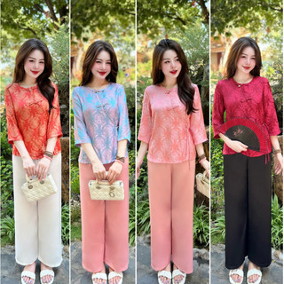 Pháp phục đi chùa, Bộ Lam đi chùa Thọ rơi chất liệu Lụa Tằm vạt lệch thắt eo Cao Cấp