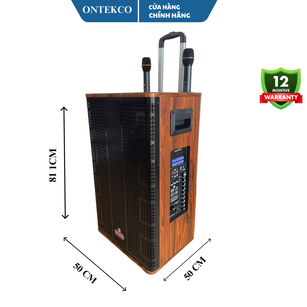 Loa kéo karaoke ONTEKCO 1503 BLACK kết nối Bluetooth Bass 40cm kèm 2 Micro UHF 3 đường tiếng hát karaoke
