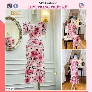 V4654 Váy đầm hoa cổ V dáng ôm đuôi cá sang chảnh [Dolce Viva Colection (DVC)] đầm body hồng đỏ dáng dài đuôi cá nữ tính