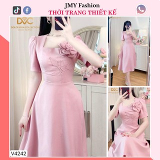 V4242 Váy đầm hồng cổ vuông hoa ngực bản to [Dolce Viva Colection (DVC)] váy xòe hồng thiết kế