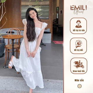 Đầm cổ vuông dáng xòe tay bèo Emili đầm trắng tiểu thư kiểu xinh