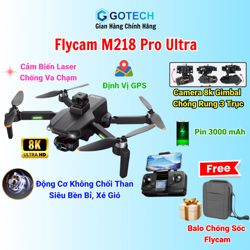 Flycam Giá Rẻ M218 có GPS, Playcam Mini M218 Tốt Hơn Drone K998 Max, Camera Chống Rung 3 Trục, Cảm Biến Va Chạm Laser