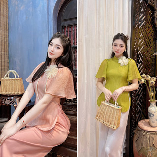 Pháp phục đi chùa, Bộ Lam đi chùa chất liệu Tơ mềm Cánh tiên kèm kèm Hoa cài