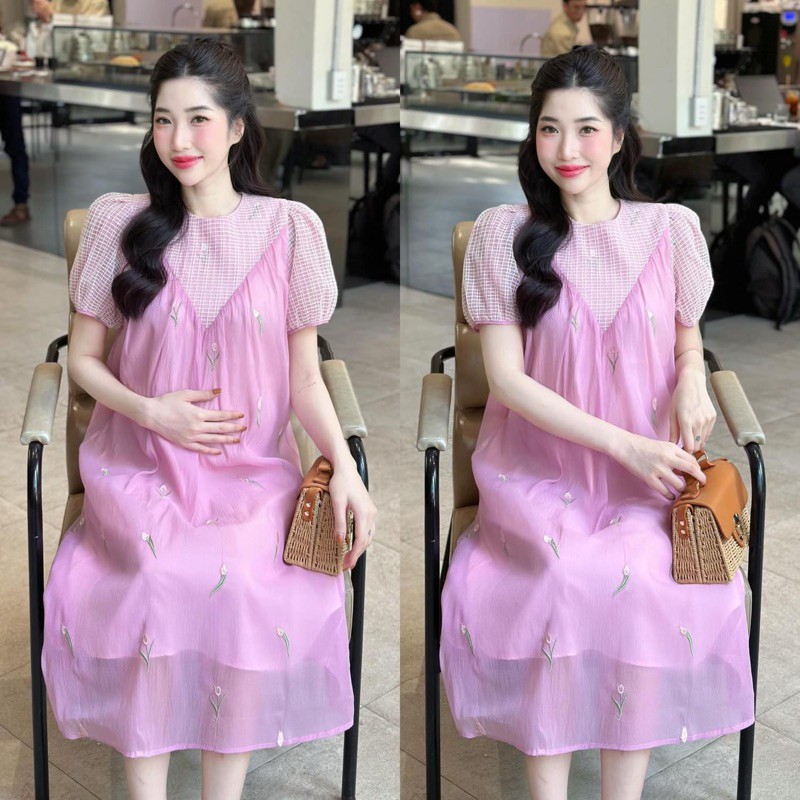 EVERMOM l Đầm bầu dự tiệc Vera Dress - Đầm tơ phối ren 2 lớp tay phồng điệu đà nữ tính