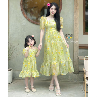 Sét váy mẹ và bé gái voan tơ hoa ems vintage