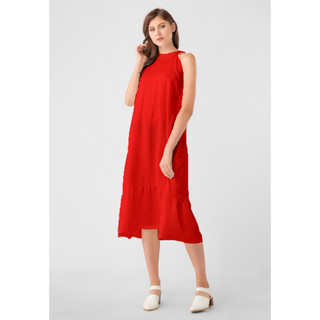 [ Màu mới - Đỏ Tươi ] Váy Đầm maxi đỏ vải cotton thun cổ yếm co giãn nhẹ - 18D07C001