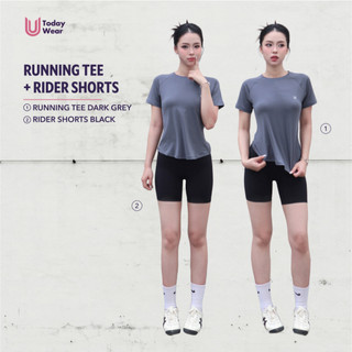 Bộ đồ thể thao nữ tập gym yoga áo Running Tee xám mix quần Rider đen Today U Wear
