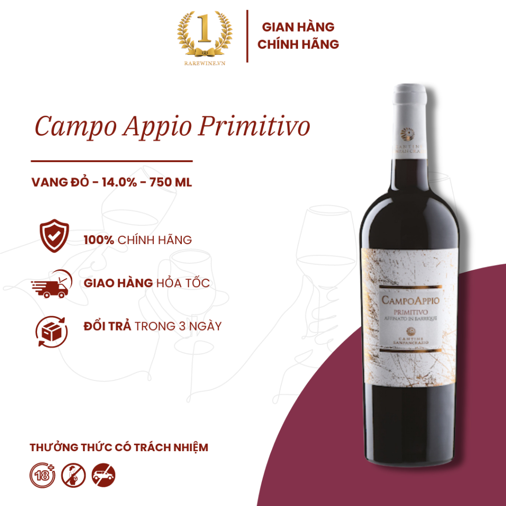 Rượu Vang Đỏ Ý Campo Appio Primitivo, Nho Primitivo Thượng Hạng 14.0% Chai 750M, Rượu Vang Hà Nội, Rượu Vang Ngon