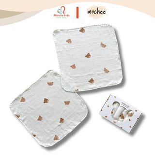 Set 6 khăn sữa vải xô sợi tre organic mochee họa tiết gấu nâu kích thước 30x30cm