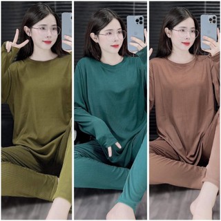 Set đồ bộ nữ mặc nhà tay dài ủ kem ôm bigsize hằng moon chất thun gân tăm lạnh