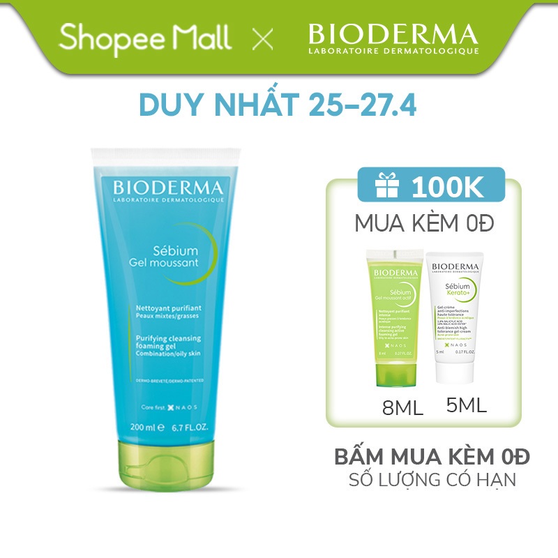 Gel rửa mặt tạo bọt cho da hỗn hợp và da dầu Bioderma Sebium Gel Moussant - 200ml (dạng tuýp)