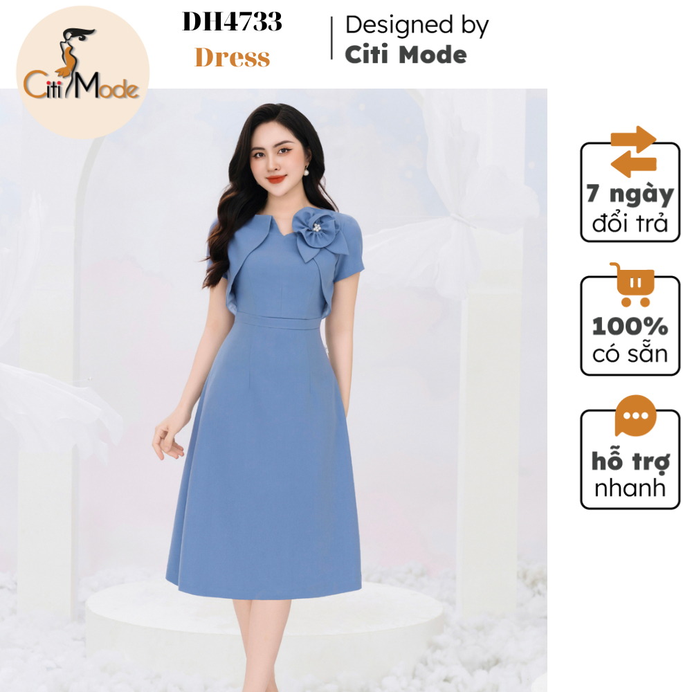 Đầm công sở CITI MODE FASHION thiết kế dáng xoè xanh cổ tạo kiểu tay cộc DH4733