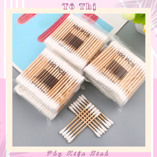 Tăm bông ngoáy tai túi 100 chiếc thân gỗ - Tô Thị
