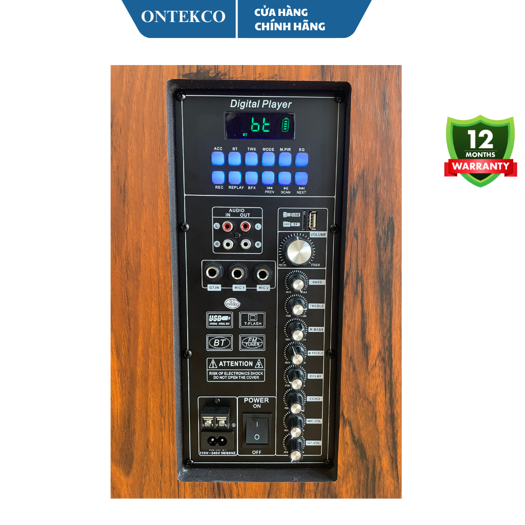 Loa kéo karaoke ONTEKCO 1503 BLACK kết nối Bluetooth Bass 40cm kèm 2 Micro UHF 3 đường tiếng hát karaoke