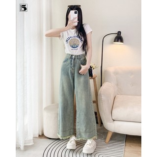 Quần jeans nữ Twentyfive ống rộng dài gấu cắt tua rua cá tính 5782