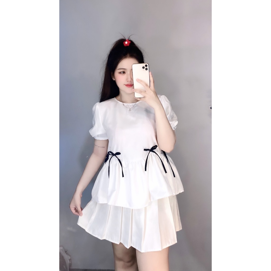 Áo babydoll tay phồng đính nơ nữ bigsize - A65