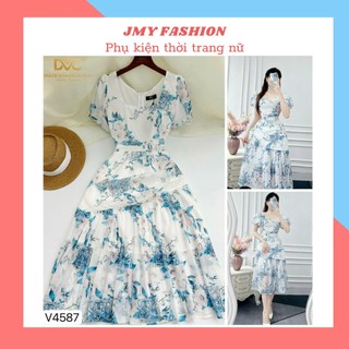V4587 Váy xanh hoa nhí tay bồng nữ tính [Dolce Viva Colection (DVC)] váy hoa đi biển, đi chơi thanh lịch, sang trọng