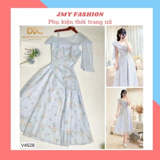 V4528 Váy xòe xanh lệch vai hoa nhí vàng vintage đầm voan hoa nhí thiết kế sang chảnh