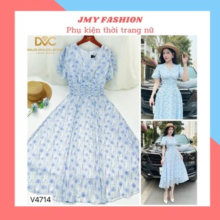 V4714 Váy hoa xòe cổ V hoa nhí xanh tím nhún eo sang chảnh [Dolce Viva Colection (DVC)] đầm hoa nhí xanh tay cánh tiên