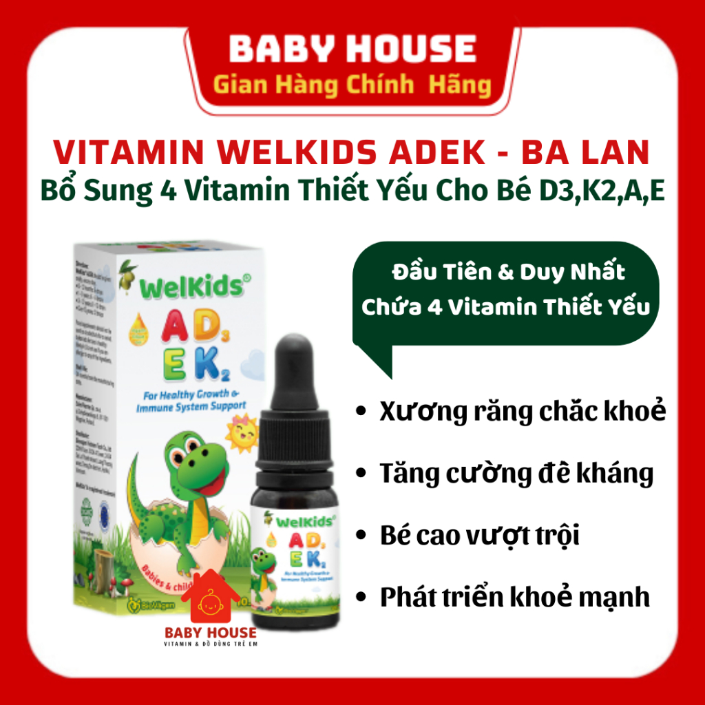 Vitamin D3K2 WelKids ADEK Ba Lan, bổ sung 4 vitamin D3K2 A E MK7, giúp bé luôn khoẻ mạnh, cao lớn vượt trội