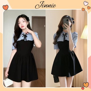 Váy tiểu thư cổ bèo phối kẻ xanh nơ cổ phong cách hàn quốc siêu xinh