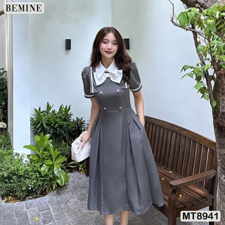 Đầm thiết kế cổ đính nơ phối viền tay ngắn BEMINE MT8941