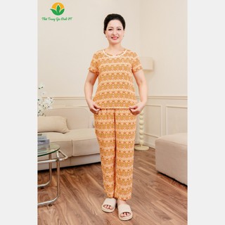 Bộ mặc nhà trung niên chất Lanh quần dài, áo cộc tay cổ xẻ phối ren thời trang Việt Thắng - B08.2413