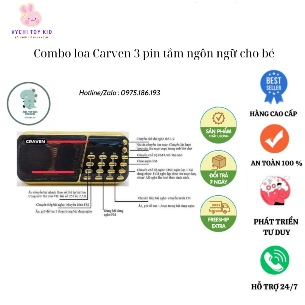 Combo loa Carven 3 pin tắm ngôn ngữ cho bé kèm cáp sạc, thẻ nhớ cop sẵn file nghe