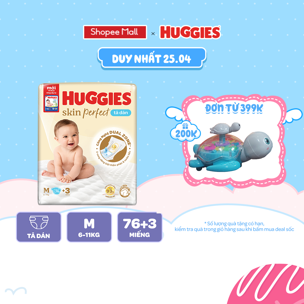 Tã/Bỉm Dán Sơ sinh Huggies Skincare Super Jumbo M76+3/L68/XL60/XXL54