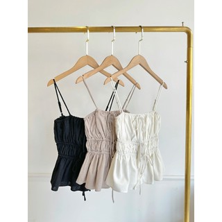 Áo hai dây nhún eo cột nơ trước, áo chất linen mùa hè cho nữ