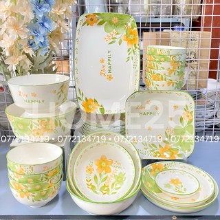 Bộ chén dĩa sứ hoa mai xanh live happily home25 gia dụng 19 món tặng vá cơm/ 11 món tô dĩa chén sứ cho gia đình quán ăn