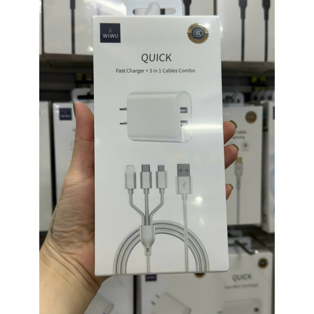 BỘ SẠC WIWU QUICK FAST CHARGER + 3 IN 1 CABLES COMBO WI-U003(CỐC SẠC 2 CỔNG+CÁP SẠC 3 IN 1)