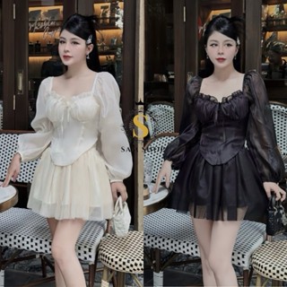  Sét váy voan áo cổ vuông vạt bầu thắt nơ + chân váy xoè tầng có lót trong xinh xắn sam_sam_shop_1011 