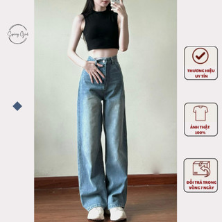 Quần jeans nữ ống rộng cạp cao SPRING dáng đứng màu vintage Quan7562/P8K8